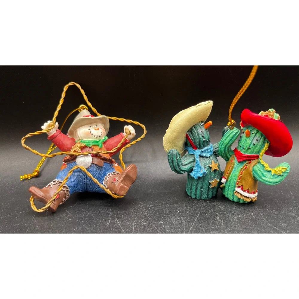 Western Cowboy Snowman Lasso Cactus Couple Resin Christmas Ornaments Set 2